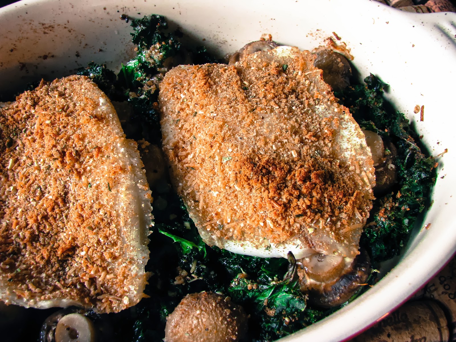 two foodies & a pup Baked Tilapia with Kale & Mushrooms