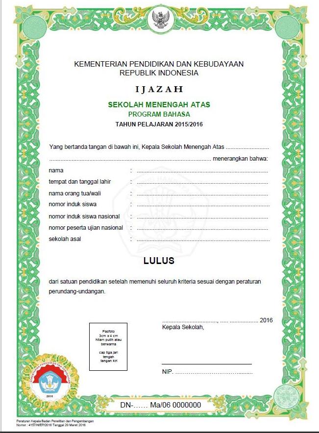 Format Blangko Ijazah SMA Program Bahasa Tahun 2015/2016