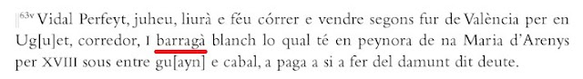 Prueba de que el romance valenciano es autóctono y no traído por catalanes es por el uso de arabismos desconocidos al norte del Ebro como "barragà", tela de lana o piel de camello para abrigo. * Llibre de la Cort del Justicia de Valencia, 1280 Prueba de que el romance valenciano es autóctono y no traído por catalanes es por el uso de arabismos desconocidos al norte del Ebro como "barragà", tela de lana o piel de camello para abrigo. * Llibre de la Cort del Justicia de Valencia, 1280
