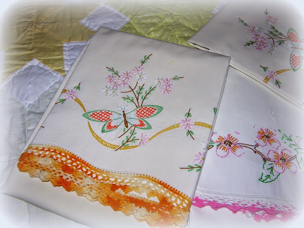 Crafty home cottage vintage hand embroidered pillowcases