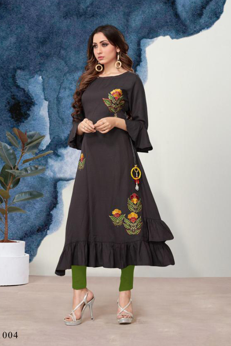 9455 Wholesale Party Indian Wear Embroidered Rayon Bell Sleeves Kurti