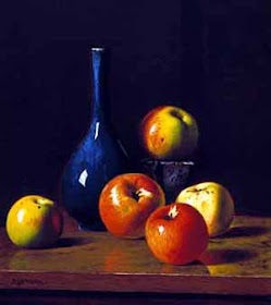 Still Life Picture Apples and Cobalt Bottle