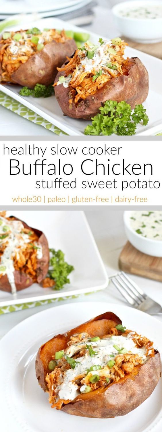 A hearty and healthy, whole30-friendly, slow cooker buffalo chicken that's shredded and stuffed inside of a perfectly baked or grill sweet potato. A recipe for all you buffalo chicken fans. A hearty and healthy, whole30-friendly, slow cooker buffalo chicken that's shredded and stuffed inside of a perfectly baked or grill sweet potato. A recipe for all you buffalo chicken fans.