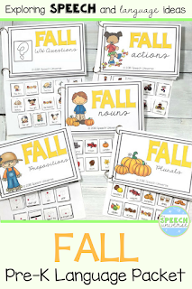 This Fall Language PreK Thematic Packet has everything you need to help your pre-K students with their most common goal areas.  Nouns, verbs, prepositions, wh questions, categorization, and more!