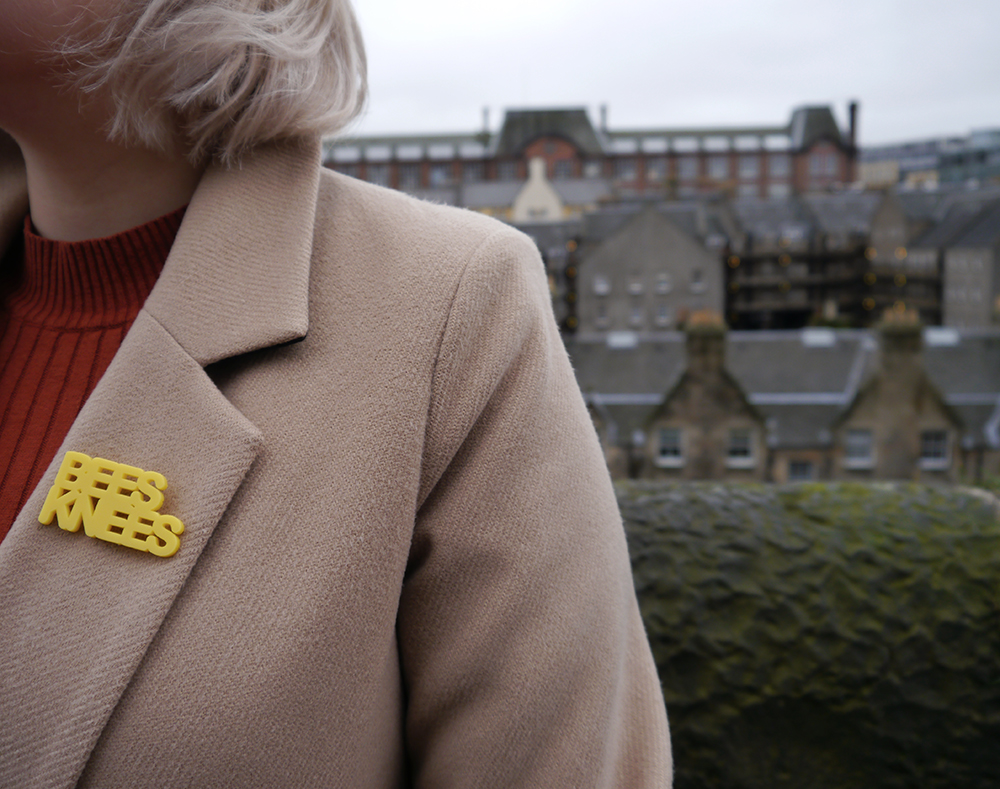 Bees Knees acrylic brooch from Scottish designer Bonnie Bling as worn by Wardrobe Conversations fashion blog Bees Knees acrylic brooch from Scottish designer Bonnie Bling as worn by Wardrobe Conversations fashion blog