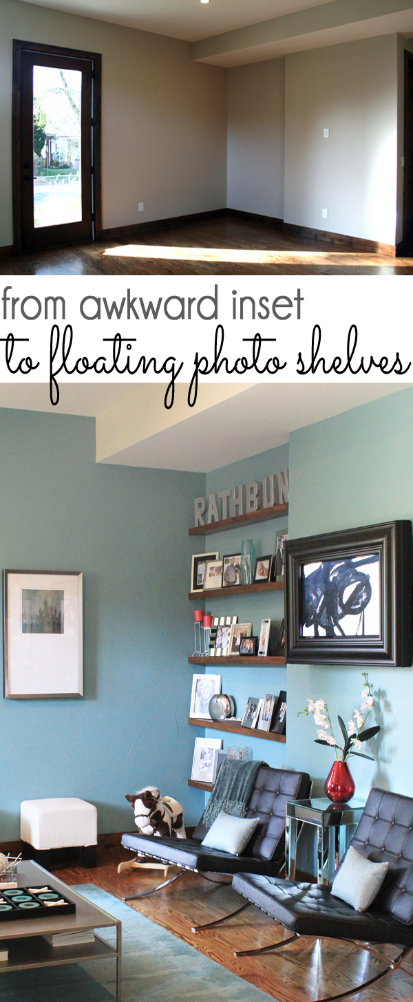 PHOTO SHELVES: We turned a narrow, awkward 5 from awkward wall nook inset to floating photo shelves