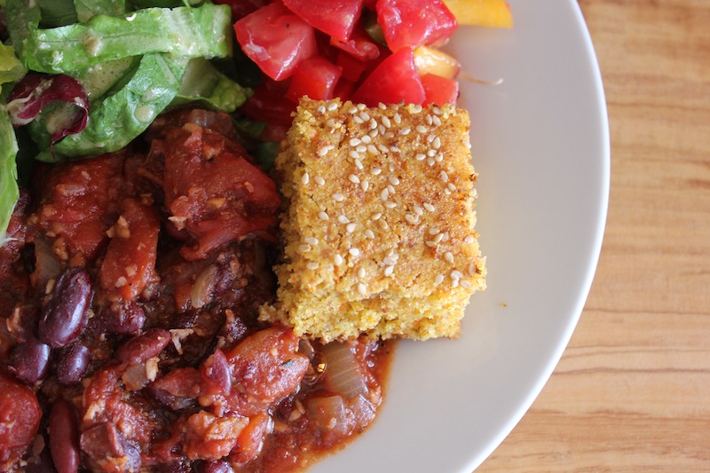 Kidney Bean Chilli with corn bread and peach salsa Kidney Bean Chilli with corn bread and peach salsa