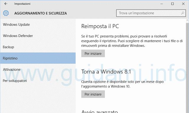 Windows 10 Ripristino Torna a Windows 8.1 o 7