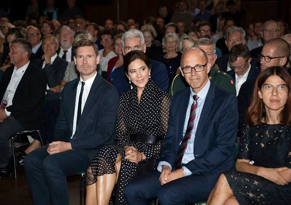 Crown Princess Mary wore Carolina Herrera polka dot silk shirt dress, Gianvito Rossi mesh suede pumps and carried Quidam clutch