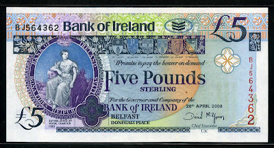 British notes Northern Ireland 5 Irish Pounds sterling banknotes