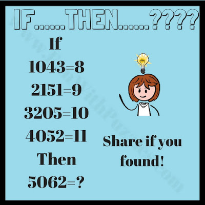 If 1043=8, 2151=9, 3205=10, 4052=11 Then 5062=?. Can you solve this Logic Puzzle or Math Question for Middle School Students?