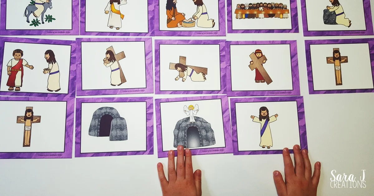 Free Holy Week matching card game to help children learn about and sequence the events leading up to Easter Sunday.