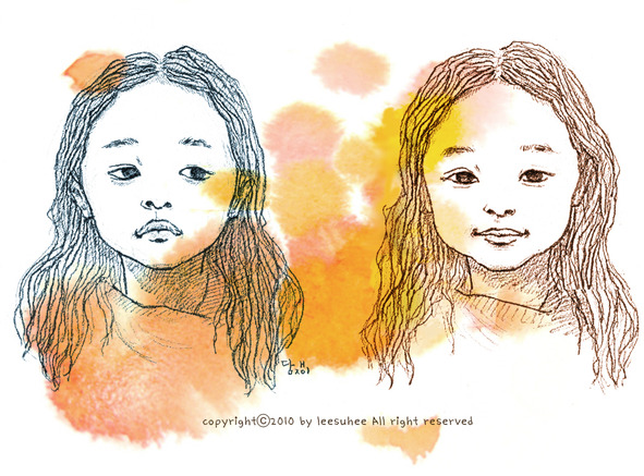 Dibujo de Lee Su Hee: Retrato de niña dos veces, una triste y otra alegre