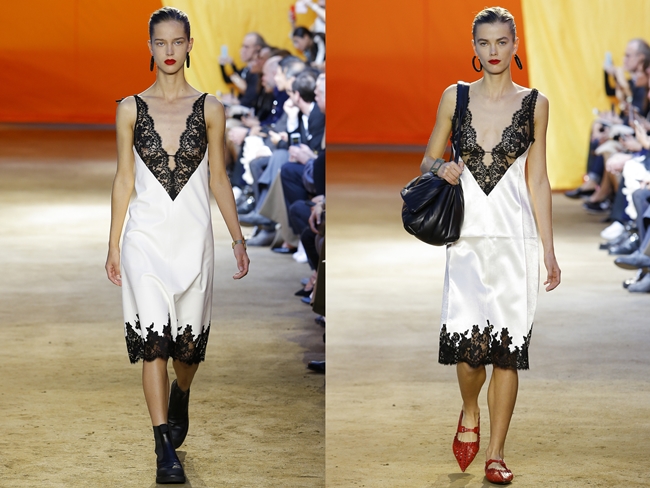 Céline 2016 SS, Julia Jamin & Mathilde Brandi Céline 2016 SS Sheer Lace Slip Dress on Runway