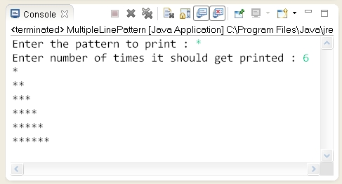 problems : Write a Java program to print same character each line having character increment with each line. | Learn Java by Examples