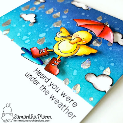 Heard You Were Under the Weather Card by Samantha Mann for Newton's Nook Designs, Deco Foil, Transfer Duo Gel, Get Well Card, Cards, Handmade Cards, Distress Inks, Ink Blending, #newtonsnook #cards #getwell #getwellcard #decofoil #raindrops #stencil