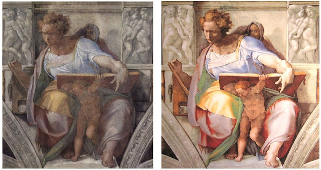 Sistine Chapel Daniel before and after cleaning. The Fig Leaf Campaign. MarchMatron.com Sistine Chapel Daniel before and after cleaning. The Fig Leaf Campaign. MarchMatron.com