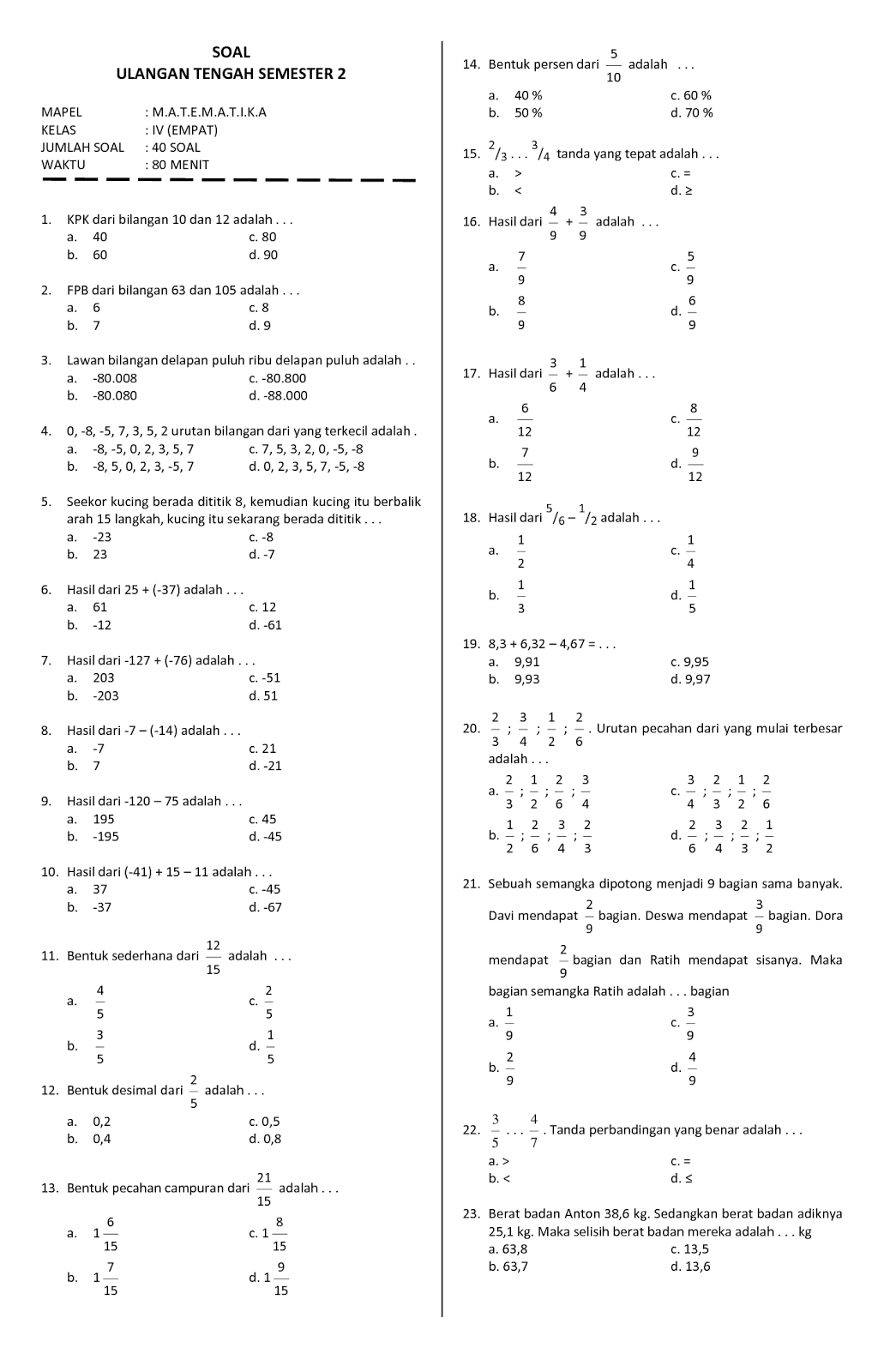 Latihan Soal Matematika Kelas 4 Statistika K 13 Download