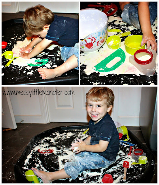 How to make gloop (also known as goop, oobleck or slime) and play with it on a tuff tray.  a great sensory play idea for toddlers and preschoolers.