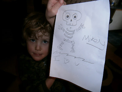 boy with cute hand drawn skeleton