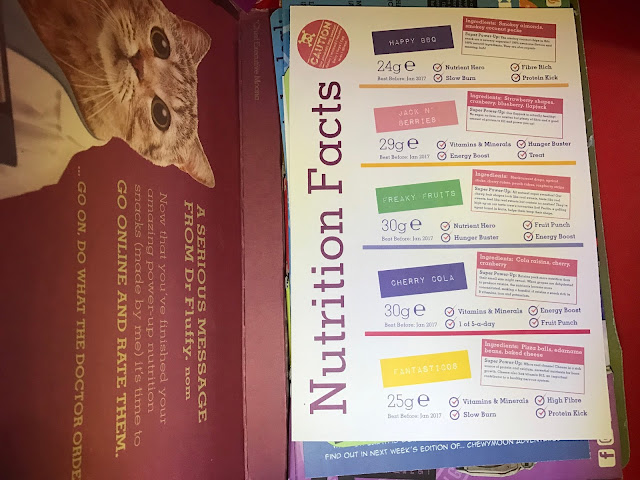 An open ChewyMoon box with the Nutrition Facts sheet showing
