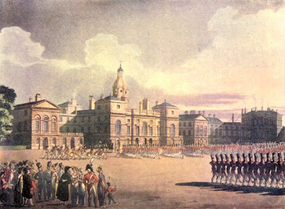 Mounting guard, St James's Park from The Microcosm of London by R Ackermann and W Combe (1808-10) Mounting guard, St James's Park from The Microcosm of London by R Ackermann and W Combe (1808-10)