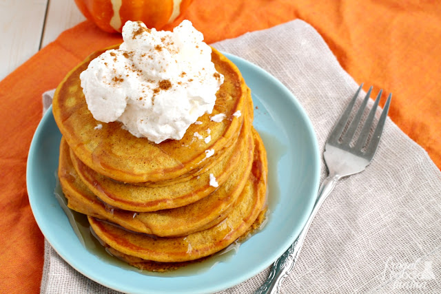 Enjoy all the deliciousness of a slice pumpkin pie for breakfast minus the guilt with these healthier Pumpkin Pie Greek Yogurt Pancakes.