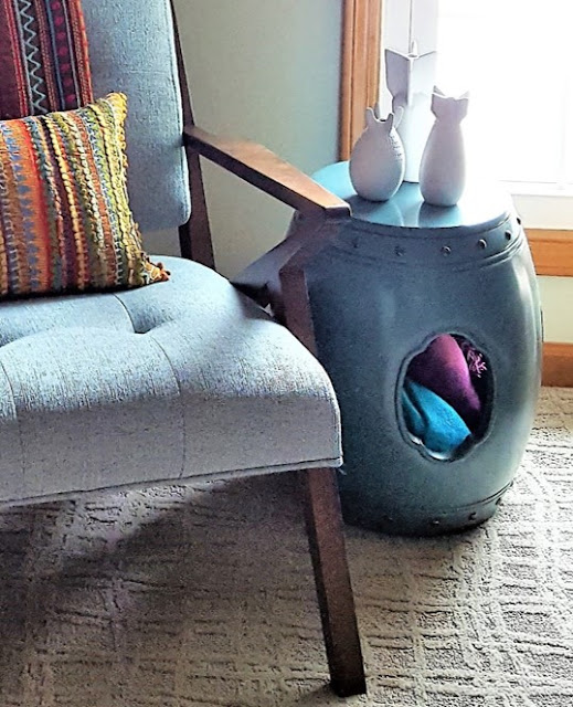 My living room creep toward midcentury-modern boho chic - drum table & bomb vases www.BoHoHome.com @bohosusan