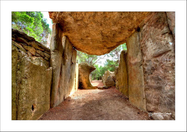 un dolmen à couloir sur un tumulus sous les pins et le ciel bleu