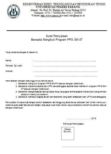 Contoh Format Surat Pernyataan Bersedia Mengikuti Program Ppg