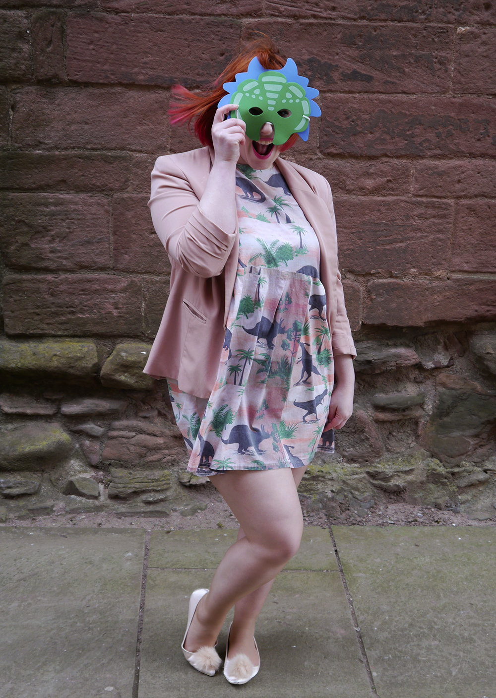 Dinosaur Party Style Styled by Helen, Scottish Blogger, red hair, red bob, Fashion Blogger, Dinosaur dress, dinosaur party, dinosaur style, pink outfit, Vintage Style Me, Vintage Style Me dinosaur dress, pink blazer, ASOS pink pom pom shoes, Karen Mabon x Lucky Dip CLub, Cat and cocktail brooch, Iolla glasses, subtle dip dye hair, pink and red hair, #seewithiolla