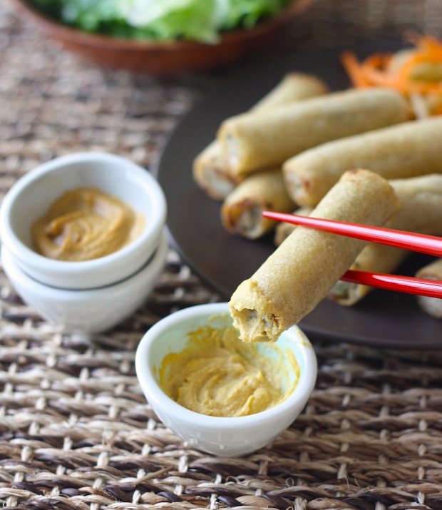Chinese Hot Mustard Dipping Sauce with spring rolls by SeasonWithSpice.com