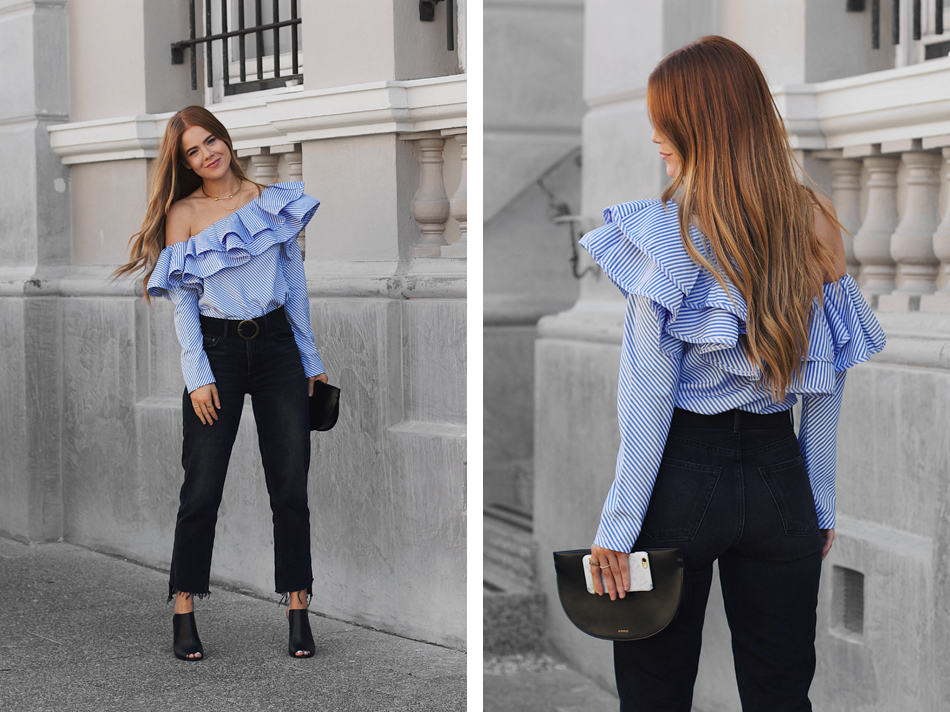 Hello Parry ruffle top, GRLFRND Helena jean, XNihilo clutch, Jo Mercer mule heels