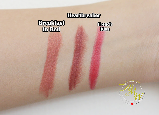 a swatch photo of Pink Sugar Creamy Matte Lipsticks review in shades Heartbreaker, French Kiss and Breakfast in Bed.