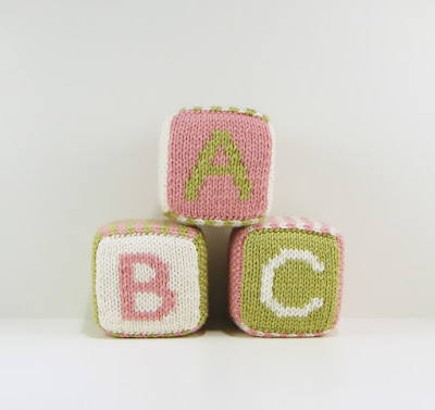 knitted, blocks, toy, baby, yarn, green, sage, white, pink, abc, 123, letter, number