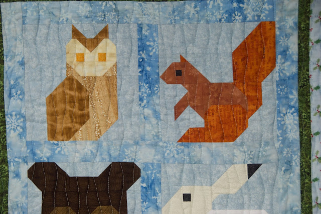 owl quilt block, squirrel quilt block