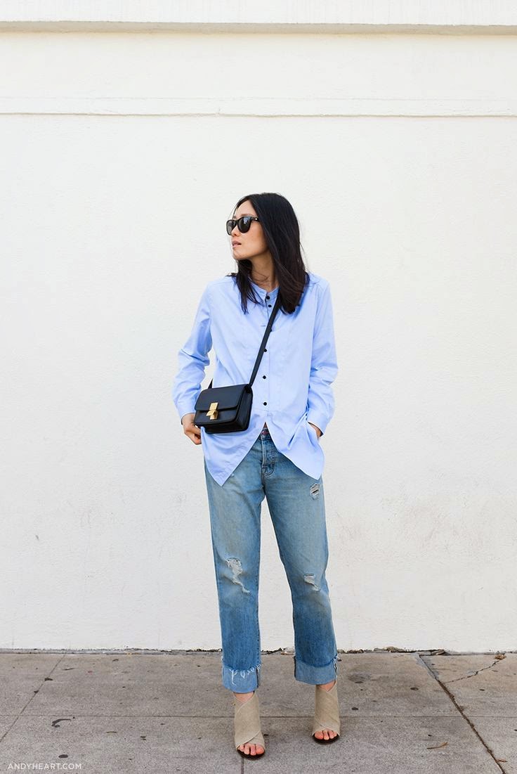 andy heart blue button down distressed boyfriend jeans celine bag