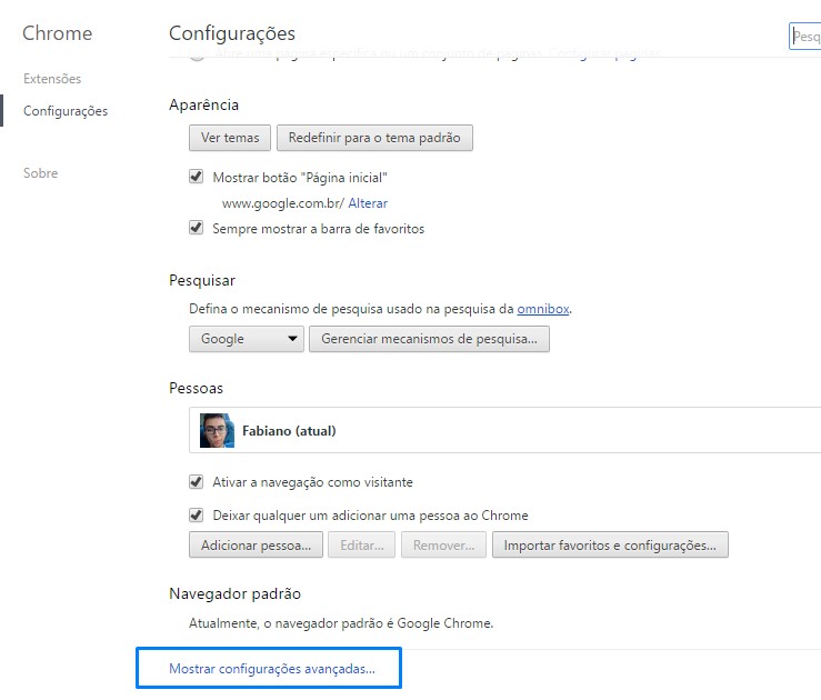 Mostrar configurações avançadas mostrar configurações avançadas