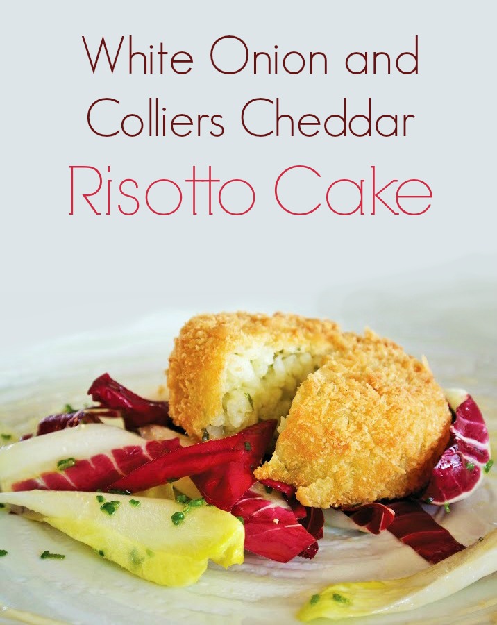 Breadcrumbed White Onion and Colliers Cheddar Risotto Cake with a Radiccio and Chicory Salad and Honey Breadcrumbed White Onion and Colliers Cheddar Risotto Cake with a Radiccio and Chicory Salad and Honey
