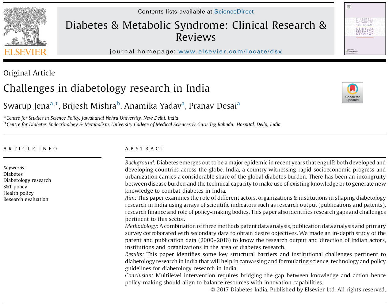 diabetes & metabolic syndrome: clinical research & reviews