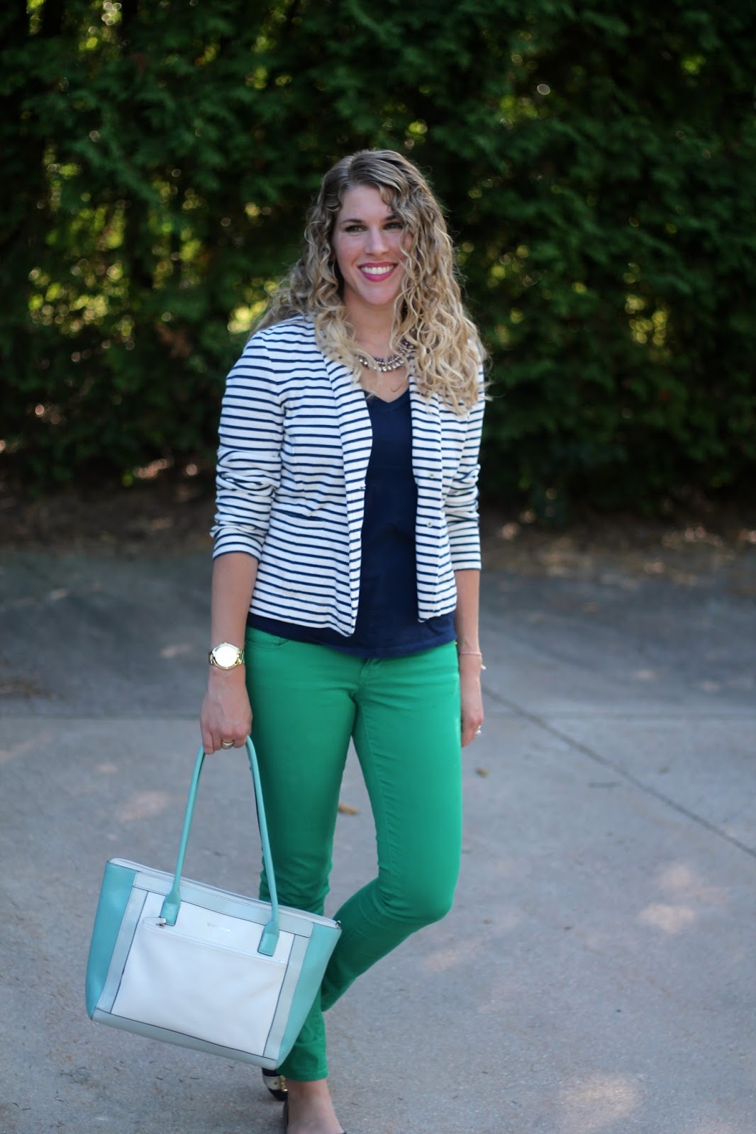 Striped Blazer and Green Jeans