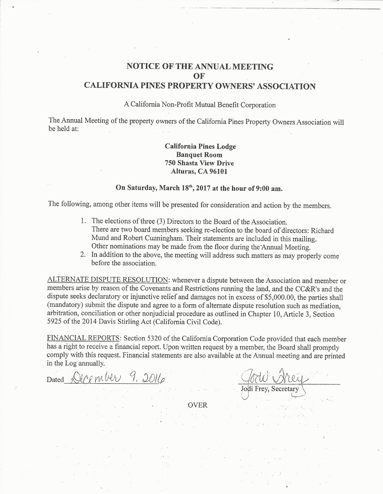 California Pines Property Owners Association Online LOG