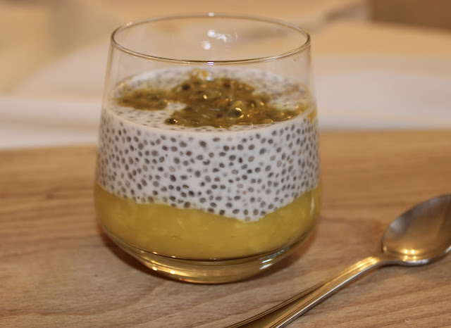 creamy coconut chia pudding with mango and passion fruit