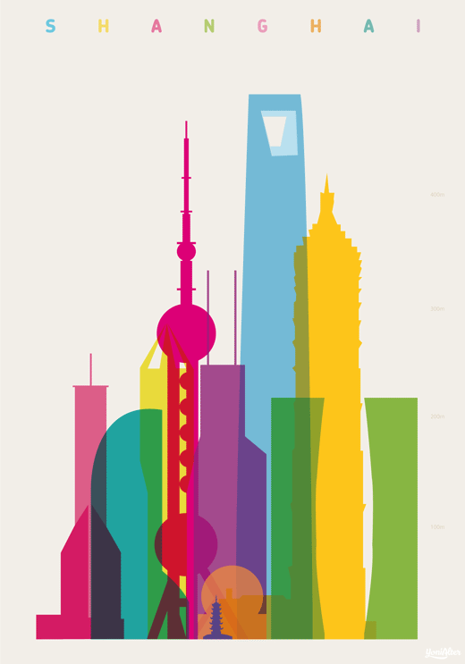 yoni alter ilustração cidades minimalistas ponto turísticos cores silhuetas prédios shangai