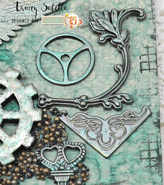 "Journey" Card by Tracey Sabella for Studio75: #studio75 #littlebirdiecrafts #littlebirdieonline #lindysgang #stampendous #mixedmediacard #mixedmedia #patina #steampunk #finnabair #primamarketing #helmar #prills #7gypsies #diycard #diycards #handmadecard #handmadecards #handcraftedcard #handcraftedcards #stencil #chipboard