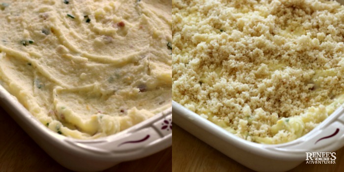 2 photos of process of making loaded mashed potato casserole