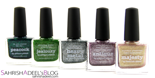 Picture Polish Nail Polishes in Peacock, Jealousy, Heavy Metal, Antique, Beige and Majesty