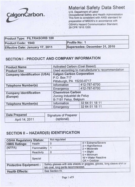 Material Safety Data Sheet (MSDS) Karbon Aktif Calgon FiltraSorb 100
