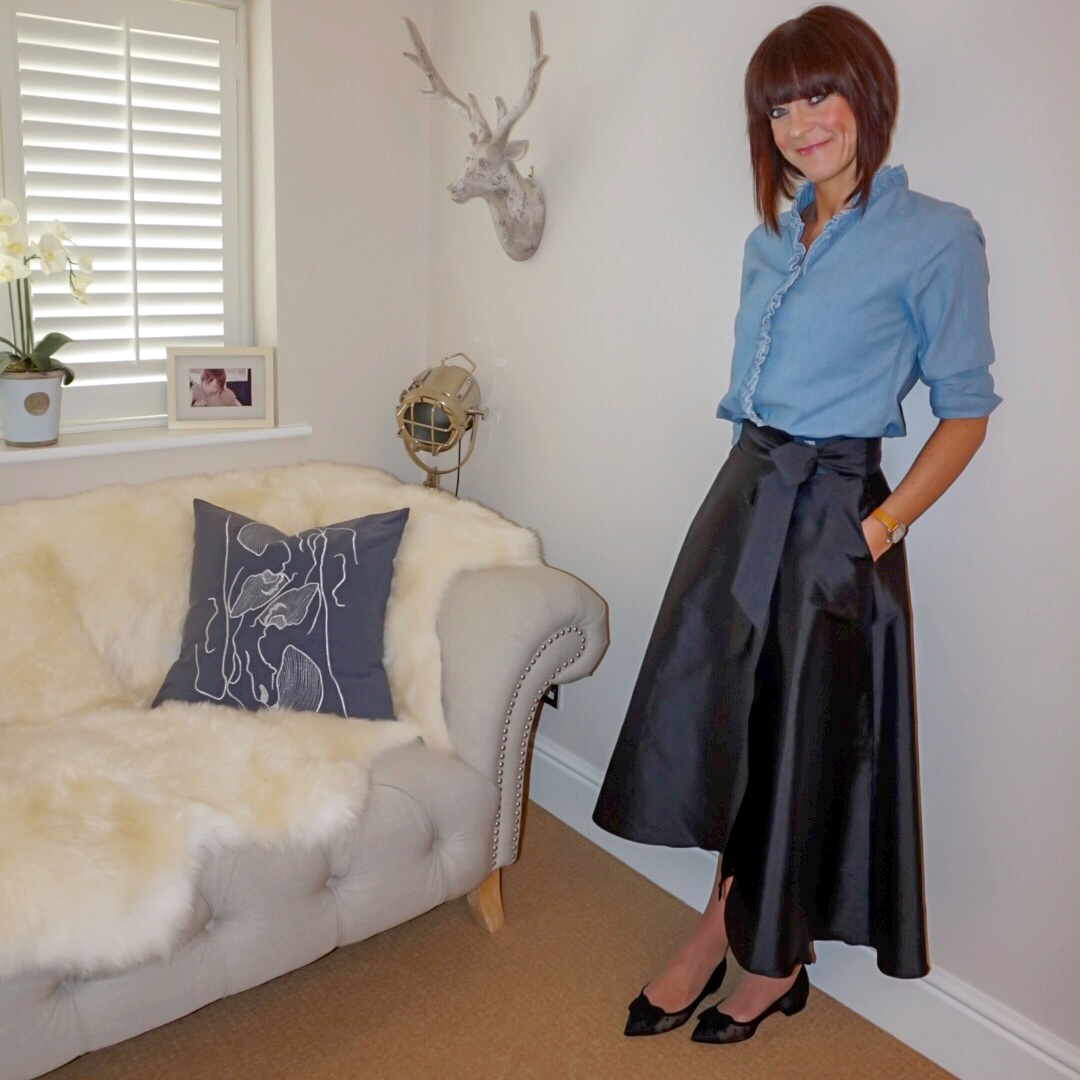 my midlife fashion, isabel marant etoile frill chambray blouse, marks and spencer satin tie front gathered full maxi skirt, j crew mesh polka dot pointed flats