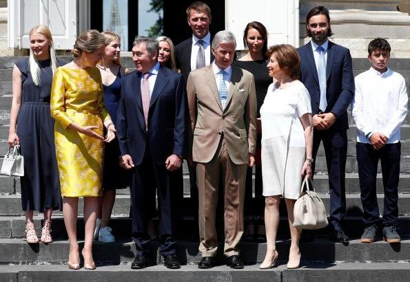 Queen Mathilde wore a yellow belted Natan dress. start of the 106th edition of Tour de France cycling race in France